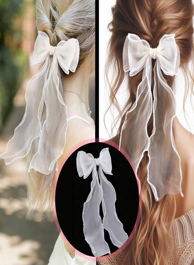 STSTR 2pcs Hair Bow Clips for Women, Silk Yarn Pearl Long Tail Bow Barrette, Elegant French Bowknot Hair Accessories for Parties, Weddings, Festivals (White) - Image 4
